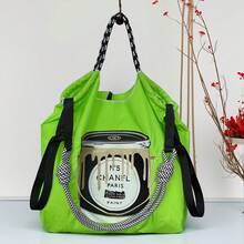 大容量刺绣可折叠尼龙手提包，单肩手提包 - 彩色 - 查看 1