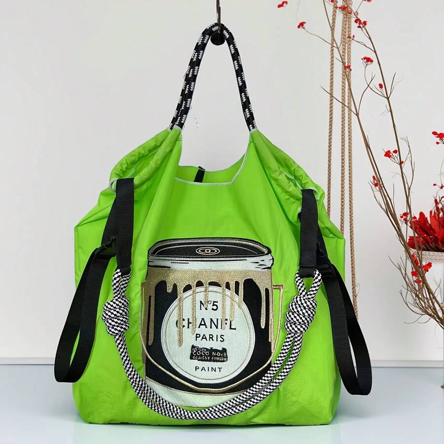 大容量刺绣可折叠尼龙手提包，单肩手提包 - 彩色 - 查看 1