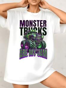 Women's Monster Truck Graphic Print T Shirt They Are My Jam 100% Cotton Round Neck Tee Short Sleeve Loose Fit Tops, Daily Casual Wear, Street Style 1Pcs, They Are Excellent Gifts For Friends And Family - trắng - Xem 6