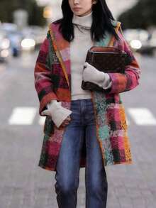 大码女装秋冬长袖口袋不对称格纹印花连帽开襟外套，彩色格纹波西米亚风时尚休闲街头风春季外套 - 紫色 - 查看 8