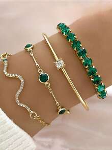 4Pcs/Set Fashion Snake Green Gemstone Bangle Rhinestone Full Metal Bracelet For Women Birthday Party Christmas Gift Jewerly - Yellow Gold - View 2
