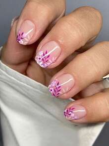 224pcs Cute Square Press On Fake Nails Pink Short Nail Flowers And Plants Acrylic French Fake Nails Women Coffin Nails - Multicolor - View 1