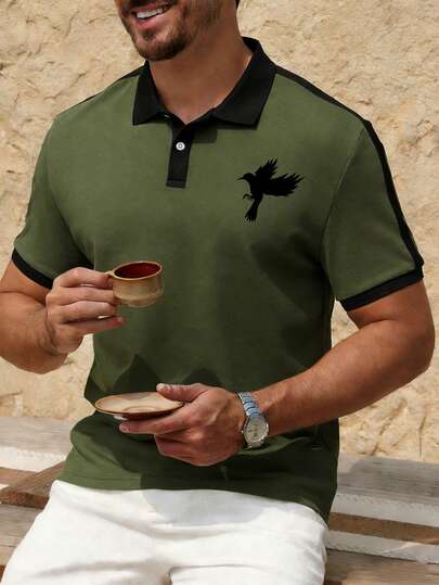Men's Short-Sleeved T-Shirt POLO Bird Pattern Printing Casual Sports Regular Large Size Wrinkle-Resistant Business Lapel Men's Paul Shirt Body Shirt