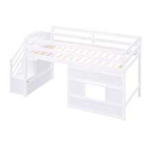 MERAX Twin Size Loft Bed With Storage Staircase And Window - White - View 8