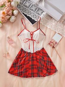 Women's Pajamas,White&Red,Tie Front,Sheer,Backless,Halter,Contrast Lace, Cut Out,Tight Fitting Camisole Skirt, Sexy Nightgown. - Red and White - View 5