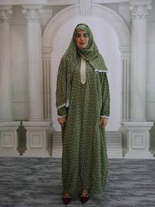 Conjunto de Vestido de Oração Plus Size, Manga Longa Tipo Bispo, Tecido Tecido, Lenço Longo Não Elástico Primavera - Multicolorido - Visão 1