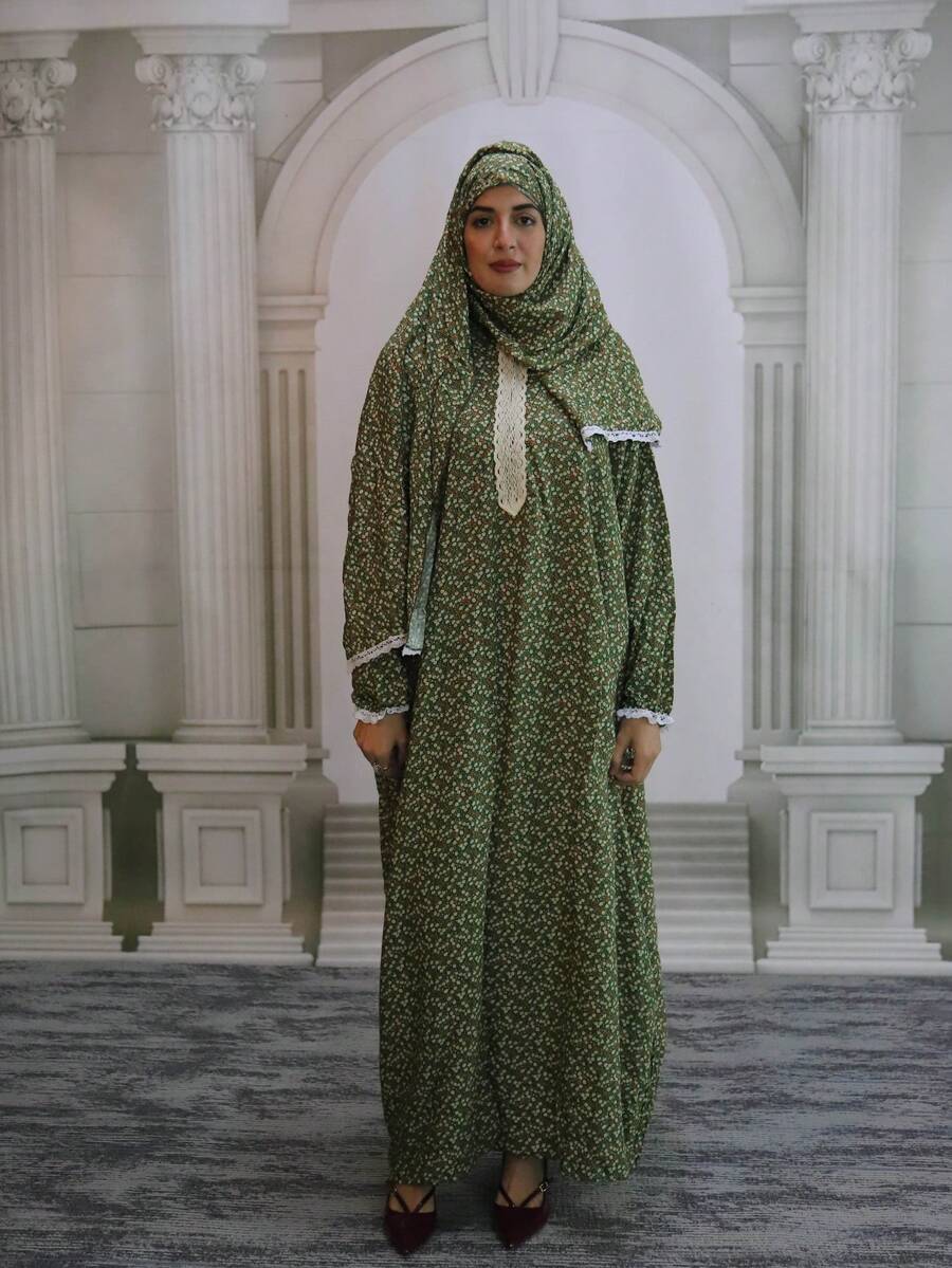 Conjunto de Vestido de Oração Plus Size, Manga Longa Tipo Bispo, Tecido Tecido, Lenço Longo Não Elástico Primavera - Multicolorido - Visão 1