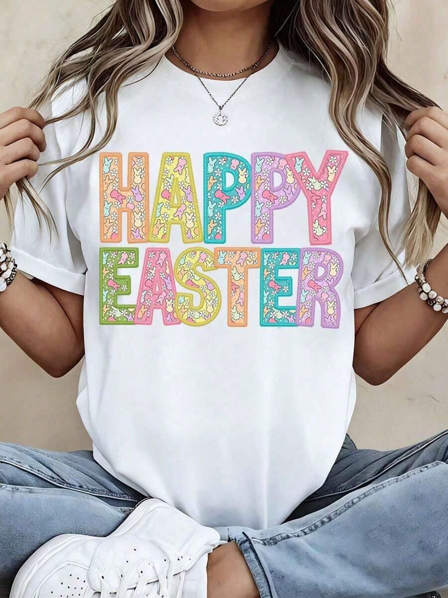Camiseta de Pascua para mujer, con purpurina de colores Camisetas de verano, blusa informal de manga corta y cuello redondo para verano y primavera, ropa de mujer. - Blanco - Ver 1
