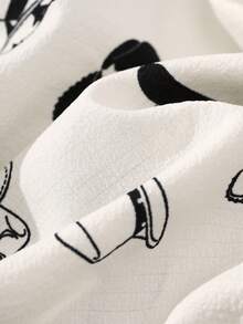 2Pcs Women's Denim Hat Printed V-Neck Button Short-Sleeved Single-Breasted Top And Pants Pajama Set, Summer Pajama Set, Comfortable At Home. - Black and White - View 8