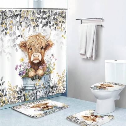 1pc/3pcs/4pcs Fun Plant Cow Shower Curtain Set, Toilet Seat Bath Mat Floor Mat Set, Plant Animal Cow Shower Curtain, Perfect For Bathroom Decoration, Universal Room Decoration, Home Decoration Set, Bathroom Accessories Bath Curtain Toilet Side Floor Mat Shower Curtain Set