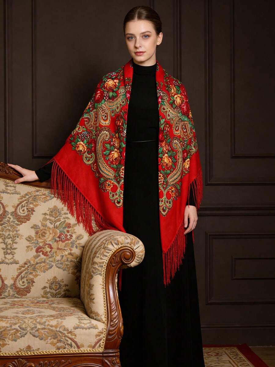 NAAMLOOS 1pc 155x155cm Floral Print Bohemian Vintage Polyester Tassel Oversized Scarf/Shawl, High-End, Versatile For Women, All Seasons - Multicolor - View 1