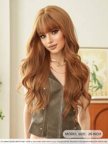 7JHH WIGS Loose Long Wavy Caramel Brown Wig With Bangs 26 Inch Copper Brown Hair Synthetic Curly Wave Wig Full Machine High Density Synthetic Heat Resistant Wigs For Women Daily Wear, Music Festival Cosplay Use - Linen Brown - View 5