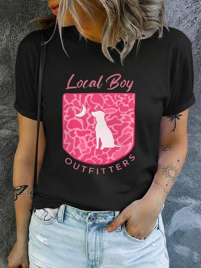 Summer Outfits, Local Boy Pink Camouflage Shield Logo Graphic Tee, Casual Tops For Women, Y2K, Streetwear, Concert Outfit