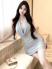 撞色网纱无袖V领吊带连衣裙，性感简约修身迷你裙，夏季 - 藍色 - 查看 3