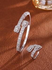 2pcs Sparkling Elegant Square Cubic Zirconia Bracelet And Ring Set, Suitable For Formal Events And Parties - Square - View 7