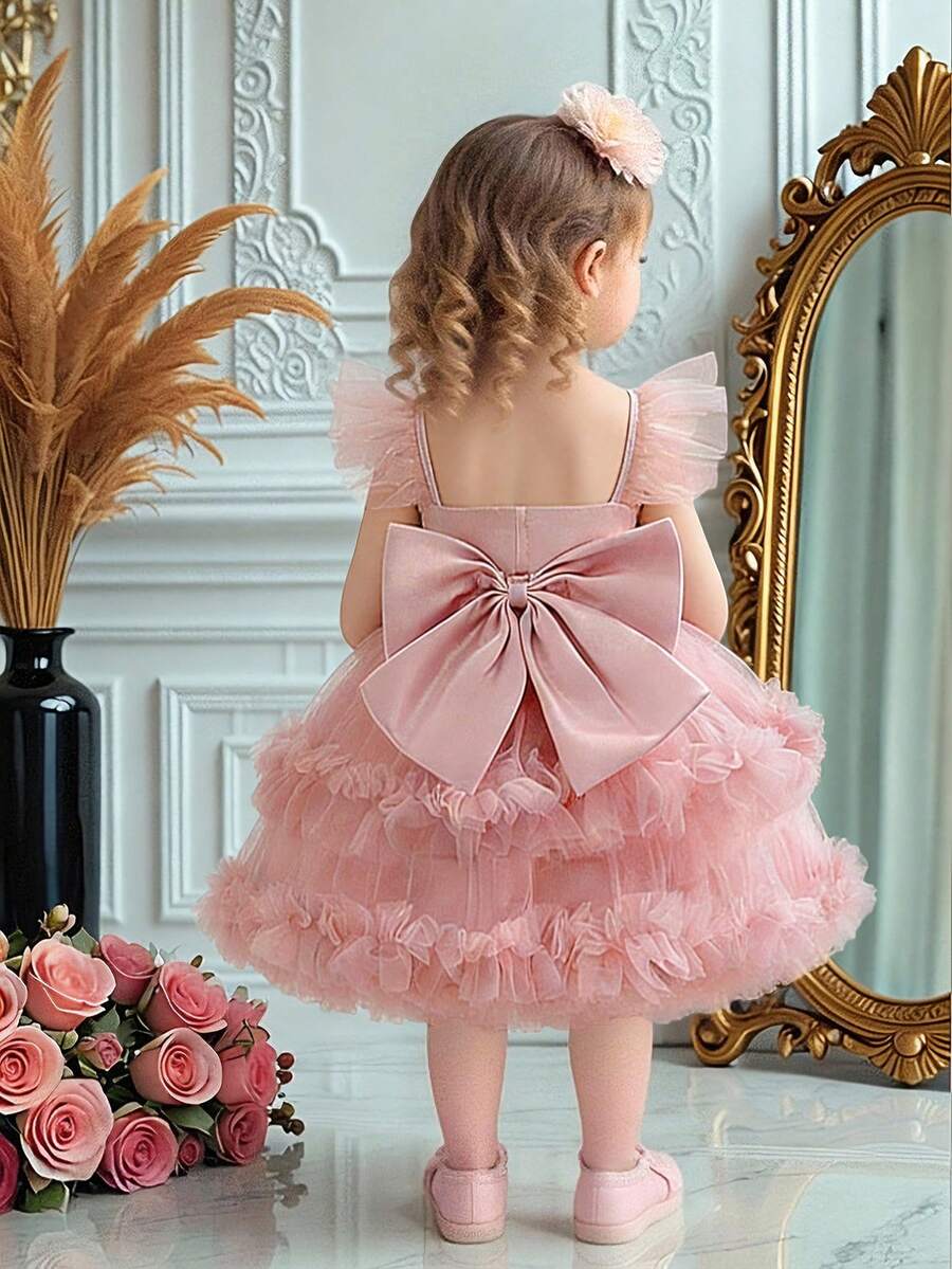 Baby Girls V-Neck Bow Ruffle Mesh Wedding Dress, Suitable For Birthday Party, Excluding Headband - Dusty Pink - View 1