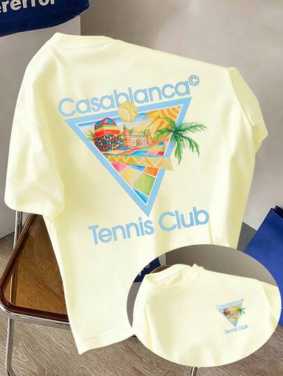 Tennis And Vacation Element Pattern Printing, High-Quality 100% Pure Cotton Summer Men's T-Shirt, With A Retro And Luxurious Sports And Leisure Style, Suitable For Daily Sports Wear