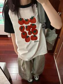 女士休闲撞色圆领卡通字母和番茄/水果印花短袖T恤，春夏款 - 黑與白 - 查看 4