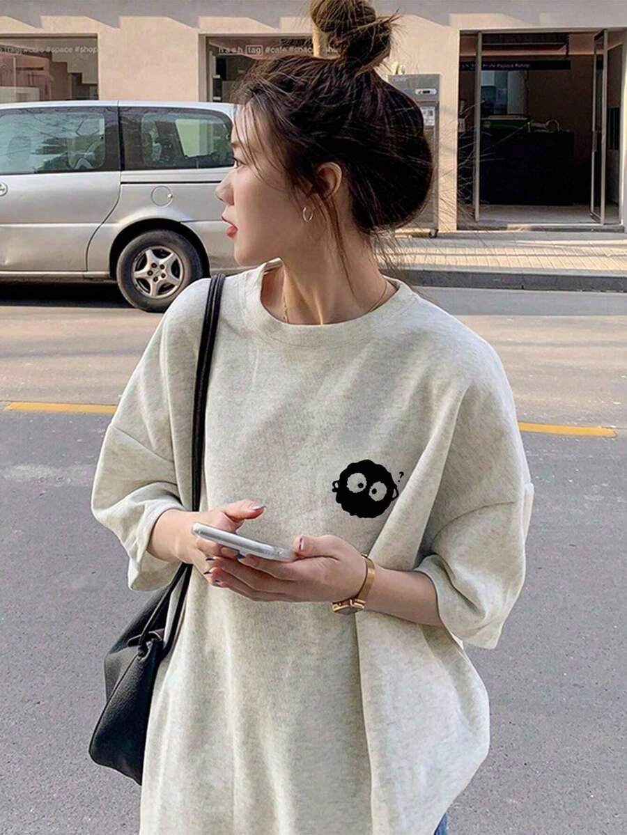 日系女式宽松休闲圆领卡通印花短袖T恤,春夏款 - 淺花灰 - 查看 1