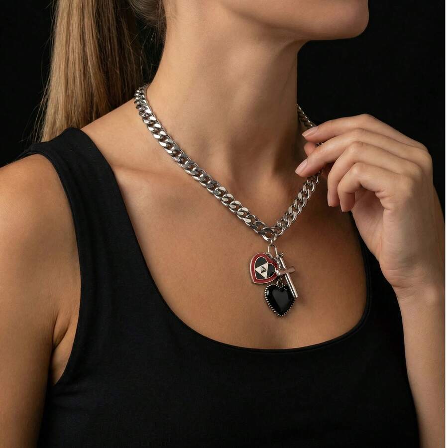 Must-Have For Hot Girls! Heart Lock Cuban Chain Necklace, Sweet Cool Punk Style Clavicle Chain - Silver - View 1