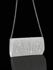 Shiny Rhinestone Flap Evening Bag Party Bag, Elegant And Fashionable Pleated Clutch Prom Bag, With Shiny Rhinestone Jewelry Three Pieces Set, Suitable For Parties, Dinners, Gatherings, Dances, Weddings. - Silver - View 7
