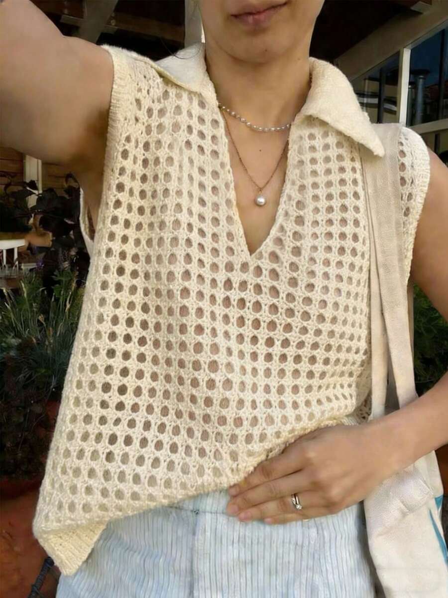 Áo vest dệt kim cổ chữ V thời trang và thanh lịch mới về dành cho nữ. - Màu be - Xem 1