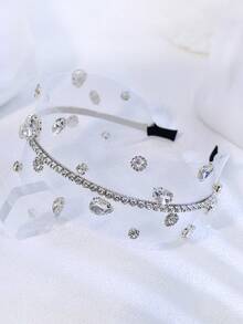 1pc Crystal Rhinestone Headband, Fashionable Mesh Wide-Brim Headpiece For Women, Suitable For Wedding, Engagement, Date, Casual Gathering, Gift - Silver - View 5