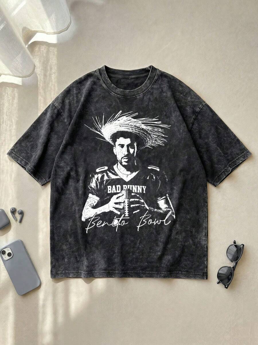 Bad Rabbit Benito Bowl Straw Hat Football Jersey Portrait Vintage Washed Print Round Neck Short Sleeve T-Shirt,230g 100% Cotton T-Shirt,Summer Clothes, Women's Tops, Casual And Comfortable, Fashionable T-Shirt, Unisex Style - màu đen - Xem 1