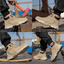 (2-5 Working Days Delivery) Men's Khaki Lace-Up Mid-Cut Safety Work Boots, Waterproof Lightweight Breathable Anti-Smash Puncture-Proof Design, Ideal Holiday Gift For Father's Day Labor Day Back To School And Multi-Scene Working Use (For Women, This Size Is Slightly Larger, Please Choose Size 1.5 Smaller!) - 卡其色 - 查看 6