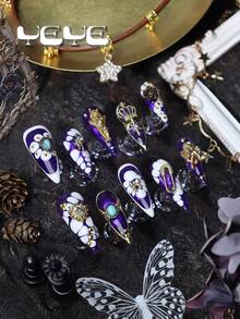 10片装渐变紫色、白色尖头美甲贴片，3D立体装饰，金色皇冠、蝴蝶结、天使、别针、玫瑰花、心形星星美甲贴片、金豆美甲贴片，北欧全覆盖亚克力手工美甲贴片套装，美甲用品，适合女孩和女士，包含1个迷你指甲锉和1张粘合贴片，适合日常、休闲、度假、工作、节日佩戴，春夏必备，送给女性和女孩的最佳礼物。 - 紫色 - 查看 3