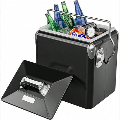 14qt Small Insulated Portable Cooler, Retro Vintage Classic Style Hard Metal Cooler For Barbeques, Camping, Fishing And Picnics