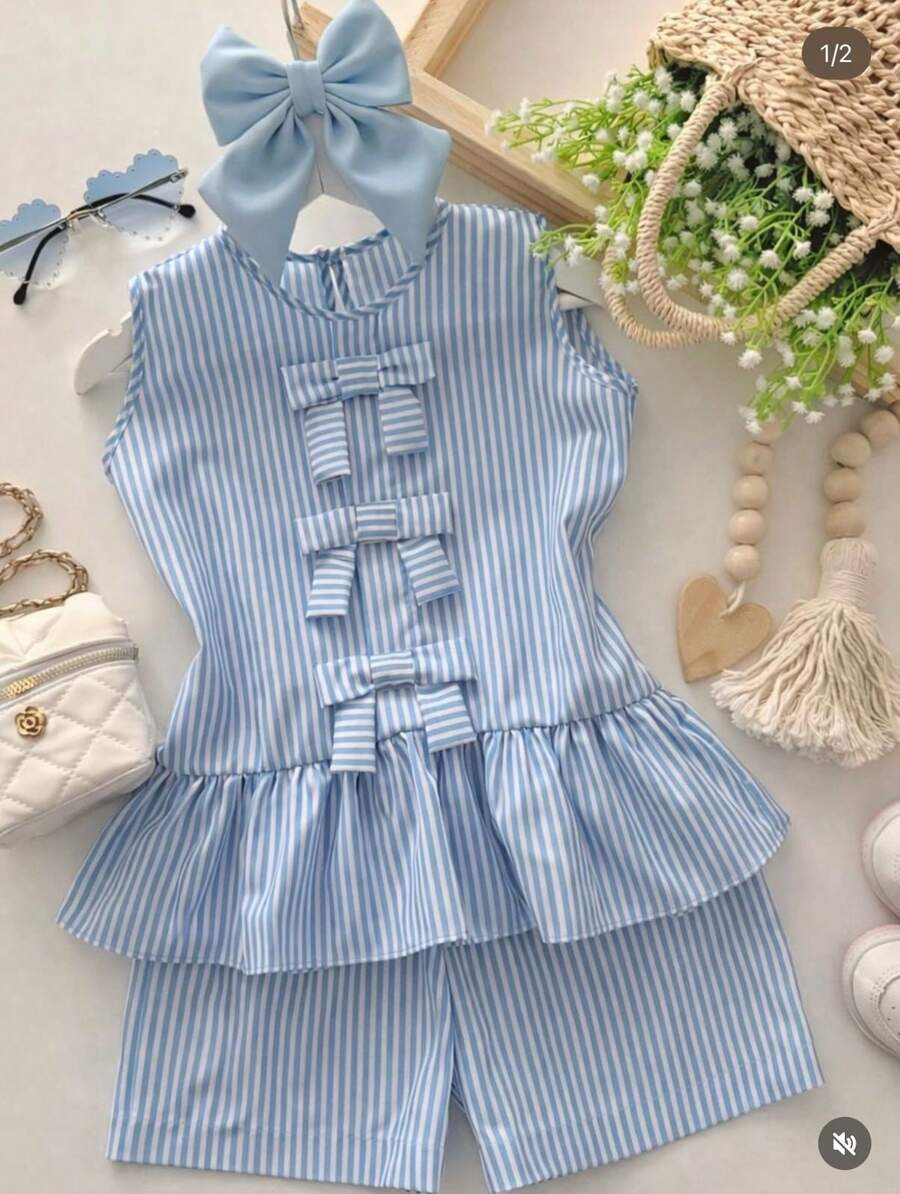 Children's Striped Set: Peplum Top With Bows + Striped Shorts - Blue - View 1