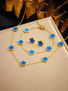 3pcs Women's Fashionable Black Floral Oil Drop Necklace, Bracelet And Earrings Set, Stainless Steel Material - Perfect For Everyday Wear - White - View 10