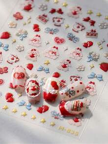 1片可爱粉色草莓兔甜美水果草莓蛋糕蝴蝶花兔子蝴蝶结爱心星星5D超可爱卡通风格美甲贴纸，女孩和女士美甲用品装饰 - 彩色 - 查看 2