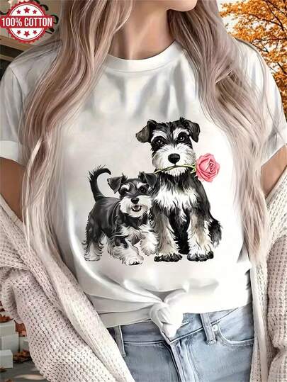 1PC 100% Cotton Spring Summer Short Sleeve Tshirt, Women's Schnauzer Dog Print Graphic Tee, The Most Perfect Holiday Gift.