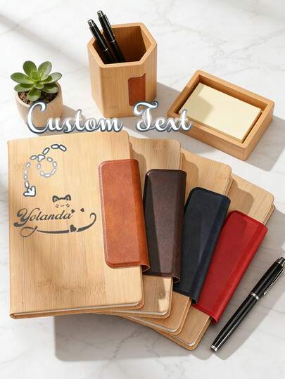 1pc Customized Notebook, A5 Size Bamboo Texture Notebook, Magnetic Sticker Design, Customizable Text/Name, Suitable For Daily, Business, And Study Notebooks