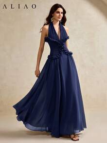 Aliao 优雅荷叶边高腰连衣裙，棕色连衣裙，女士夏季长裙，派对礼服，女士优雅连衣裙，春季连衣裙，女士婚礼宾客礼服，奢华晚宴婚纱 - 深色水洗藍 - 查看 4