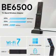 Wi-Fi 7 BE6500 三频 USB 3.0 无线网卡，适用于台式电脑 | 最高速度 6452Mbps | 支持 6GHz、5GHz、2.4GHz 频段 | 全向天线 | 兼容 Windows 10/11（64 位） - 黑色 - 查看 2