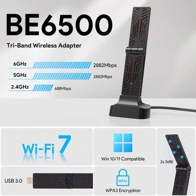 Wi-Fi 7 BE6500 三频 USB 3.0 无线网卡，适用于台式电脑 | 最高速度 6452Mbps | 支持 6GHz、5GHz、2.4GHz 频段 | 全向天线 | 兼容 Windows 10/11（64 位）