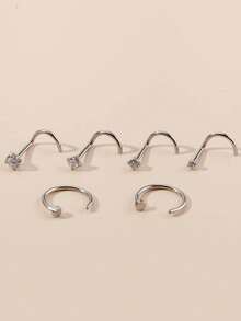 6 piezas Anillos de nariz de acero inoxidable con circonita y pendientes de nariz negros - Plateado - Ver 2