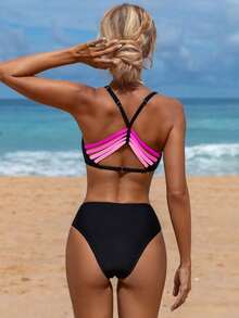 Swmmer Liket Contrast Color Stitching Back Design Women's Sexy Bikini Swimwear Set For Beach Vacation - 粉色 - 查看 3