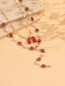 2 pièces/set Pendentif décoratif en forme de cerise glacée fait main, collier ras-de-cou doré. Collier long en forme de Y avec fausses perles de fraise, élégant et polyvalent. Convient pour le port quotidien, les sorties, les fêtes et les vacances. - Multicolore - Voir 3