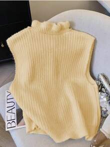 Women's Cream Yellow Ruffled Collar Knit Vest - With Buttons And Pockets, Suitable For St. Patrick's Day And Easter - Apricot - View 4