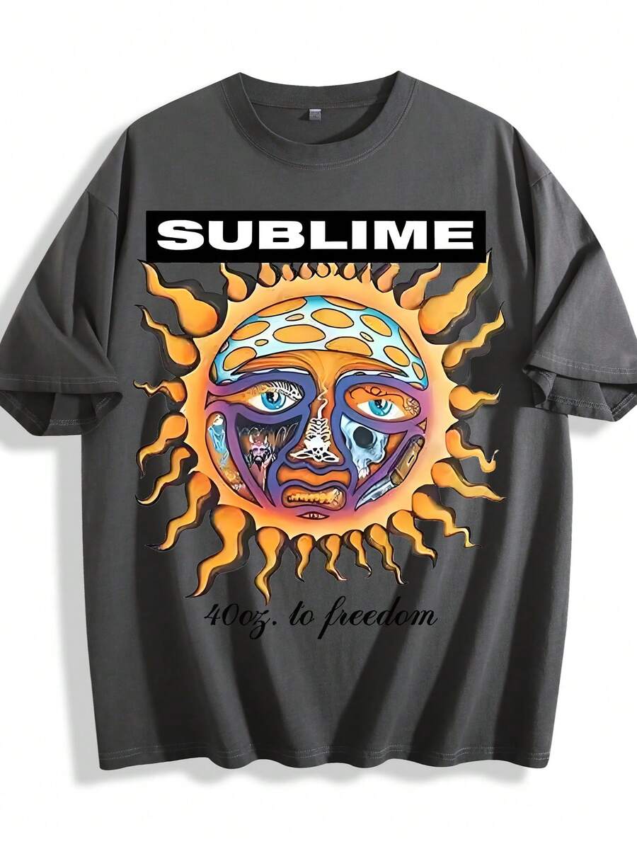 Dirty Wash T-Shirt Men Women Unisex Distressed Vintage "Sun" Rock Band Grunge Oversized Short Sleeve Top - 髒髒洗黑色 - 查看 1