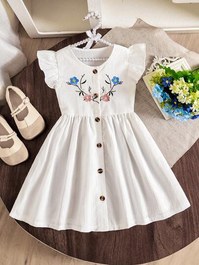 Toddler Girls' Vacation White Embroidered Flounce Dress, Decorated With Blue & Pink Floral Embroidery On Neckline And Chest, Flared Sleeves Add Sweetness, Front Button Closure For Easy Wear, A-Line Silhouette For Comfort. Suitable For Flower Girl, Birthday Party Or Afternoon Tea, The Fresh And Artistic Style Showcases The Gentle Elegant Of Young Girl