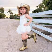 Girls Gold Cowgirl Boots Glitter Western Style Toddler Cowboy Boots Child Mid Calf Rhinestone Riding Shoes Party Birthday Dress Up For Toddler/Little/Big Kid Party School Holiday Dress Up - Vàng - Xem 2