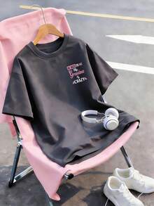 Tween Girls' Casual Graphic Print Crew Neck Short Sleeve T-Shirt, Summer Top - Dark Grey - View 5