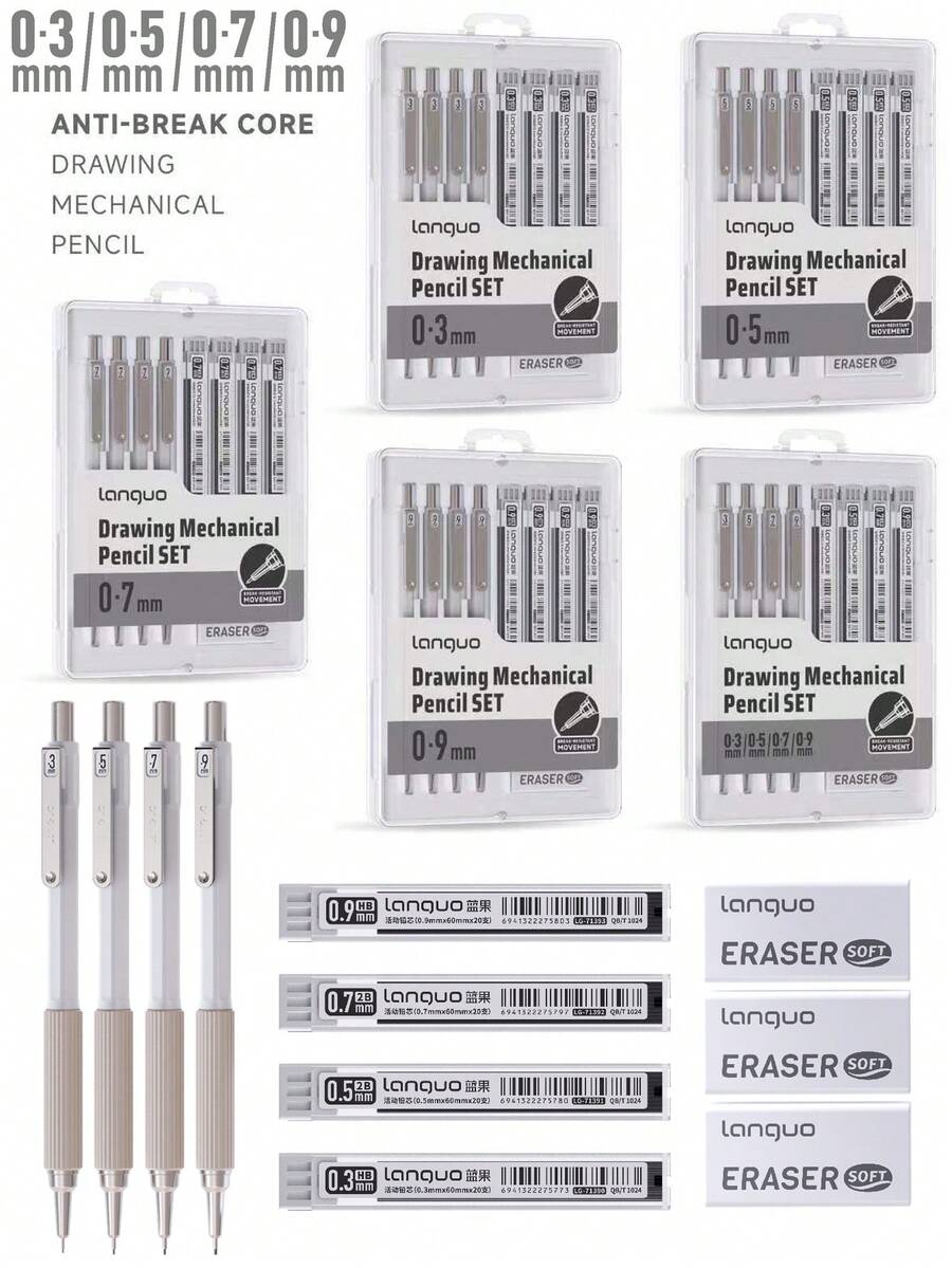 Languo 新款金属自动铅笔套装 - 自动铅笔，绘图铅笔，0.3/0.5/0.7/0.9mm 艺术自动铅笔及笔芯，适用于绘画和书写，附赠礼盒 - 彩色 - 查看 1