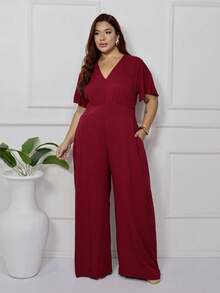Women's Plus Size Plain Long Jumpsuit, Wide Leg, Short Sleeve, V-Neck, Ruched Front, Comfortable - 紅木色 - 查看 3