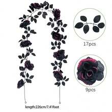 Black Artificial Roses Flower Garland Fake Halloween Hanging Floral Vines For Gothic Party Table Centerpiece - Hot Pink - View 7